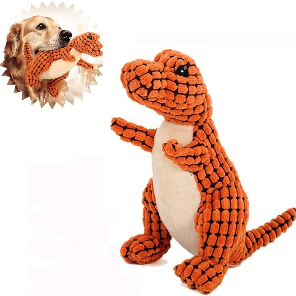 SOYATER Dino Dog Stuffed Plush Squeaky Toy Orange Dinosaur NEW 8"